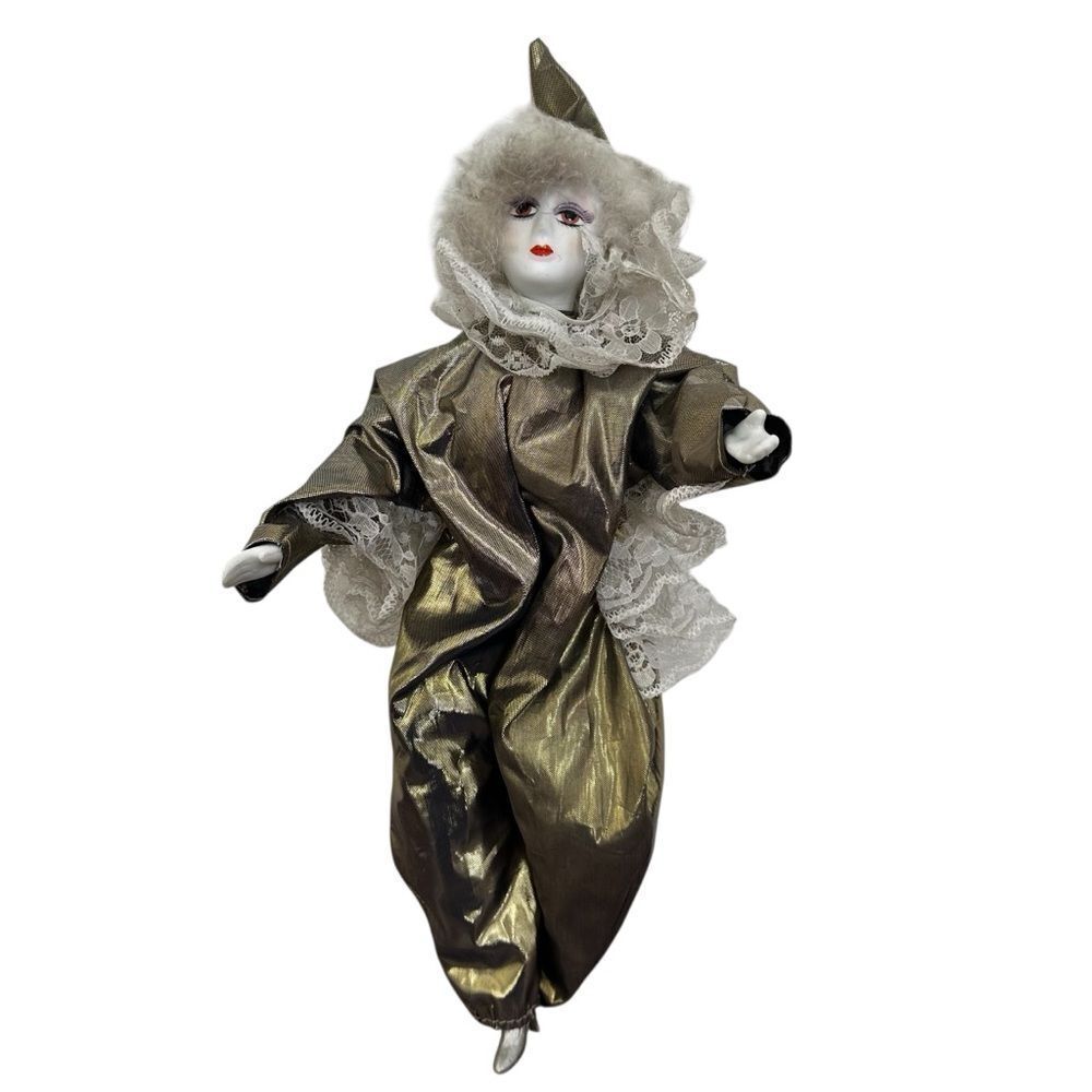 Vintage Porcelain Face Pierrot Clown Doll Gold Lame Lace Costume 80s 90s